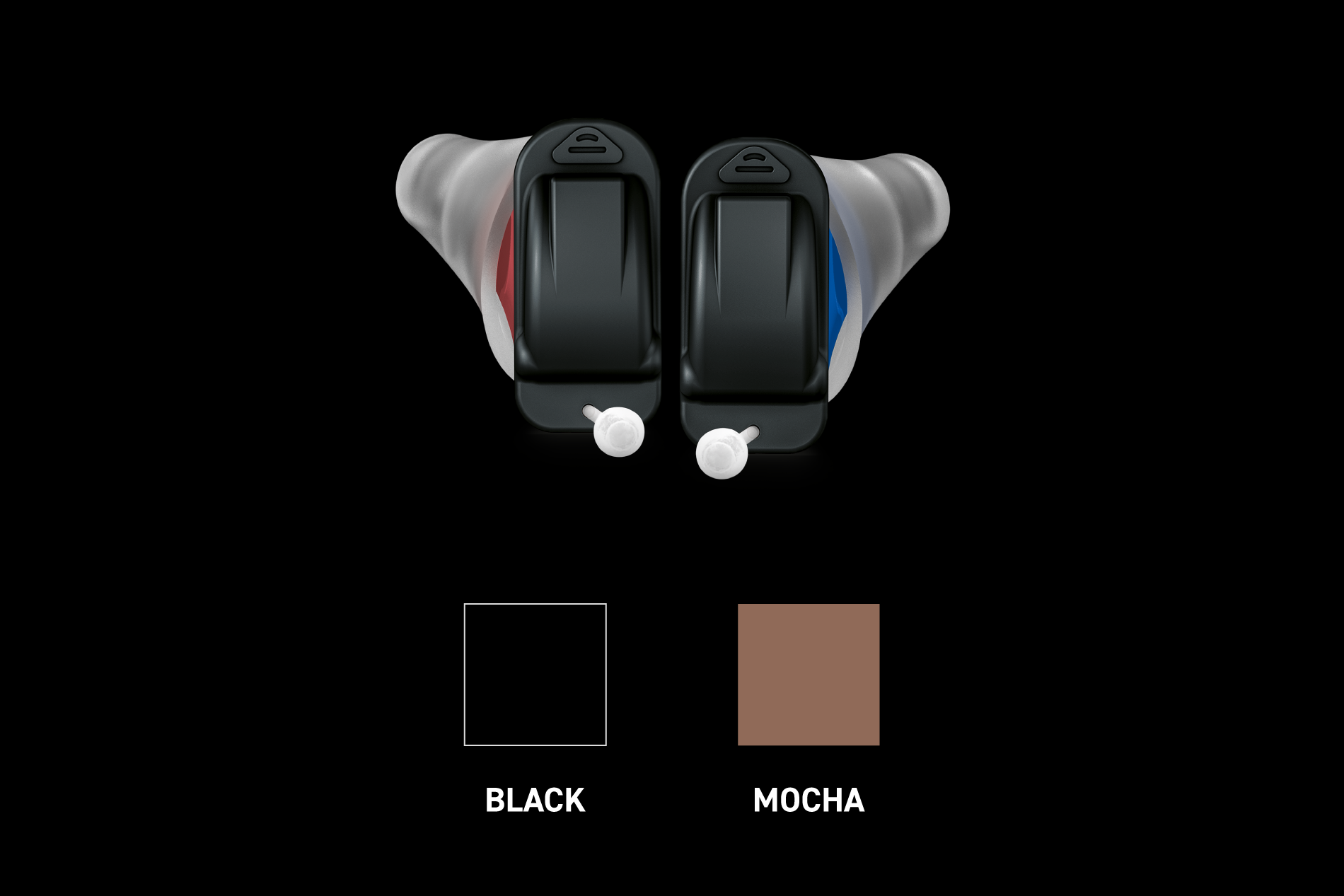 pair of mcore ix hearing aids and color options